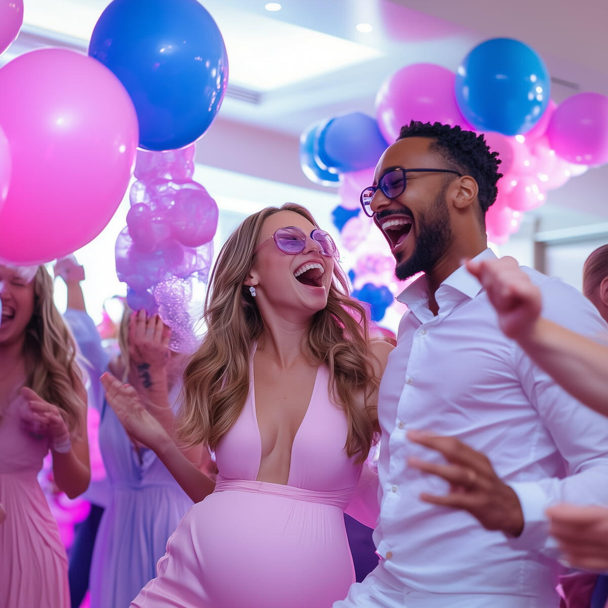 Can't Top That Gender Reveal Party Couple dancing at their gender reveal party when they hear the custom made song announce the gender in a candid photo. Custommade.music and divergentrecords.music