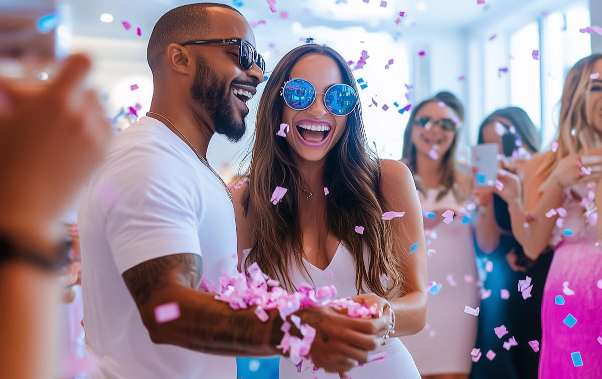 Couple dancing at their gender reveal party when they hear the custom made song announce the gender in a candid photo. Custommade.music and divergentrecords.music